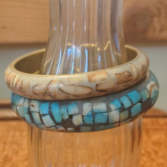 Vtg 70s Set of 2 BRASS MOSAIC Stone Chunky BANGLEs BRACELET Hippie BOHO Artisan - Picture 6 of 7